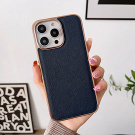 Nano Electroplating Cross Texture Genuine Leather Phone Case, For iPhone 14 Pro Max, For iPhone 14 Pro, For iPhone 14, For iPhone 14 Plus, For iPhone 13 Pro Max, For iPhone 13 Pro, For iPhone 13, For Google Pixel 6 Pro, For Google Pixel 6              ...