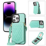 Rhombic Texture RFID Phone Case with Lanyard & Mirror, For iPhone 14 Pro Max, For iPhone 14 Pro, For iPhone 14, For iPhone 14 Plus, For iPhone 13 Pro Max, For iPhone 13 Pro, For iPhone 13, For iPhone 13 mini, For iPhone 12 Pro Max