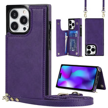 Load image into Gallery viewer, Cross-body Square Dual-Buckle Card Flip Wallet Phone Case, For iPhone 14, For iPhone 14 Plus, For iPhone 14 Pro, For iPhone 14 Pro Max