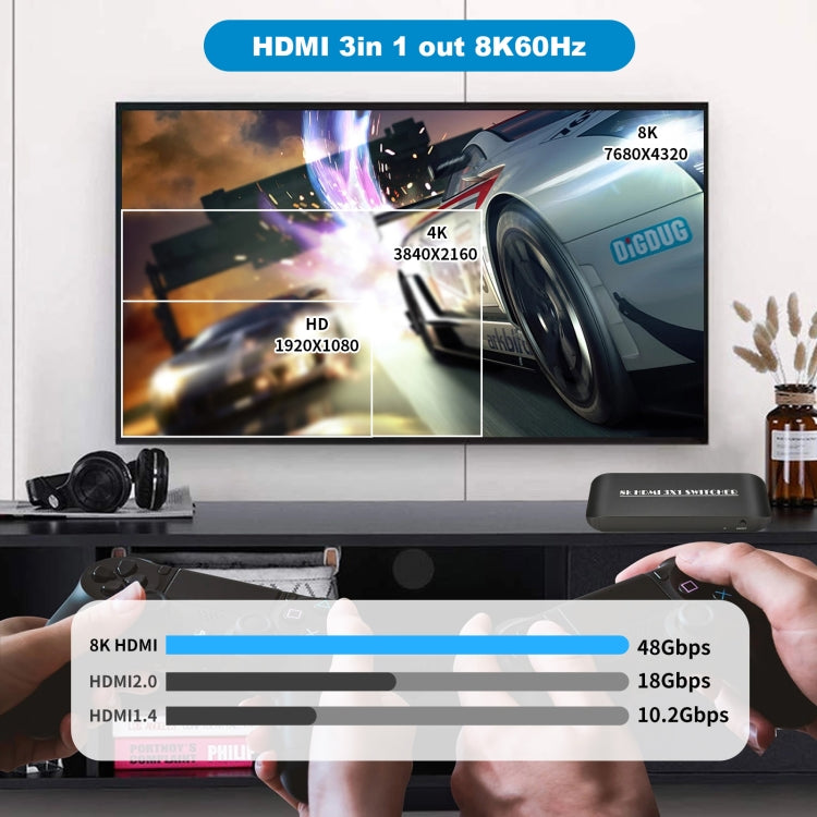 NK-H31 8K 3 in 1 Out HDMI Switcher for Xbox PS4 PS5 Roku UHD TV Monitor Projector, NK-H31