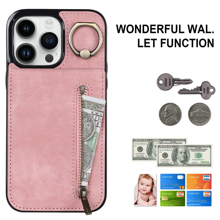Retro Ring and Zipper RFID Card Slot Phone Case, For iPhone 14, For iPhone 14 Plus, For iPhone 14 Pro, For iPhone 14 Pro Max
