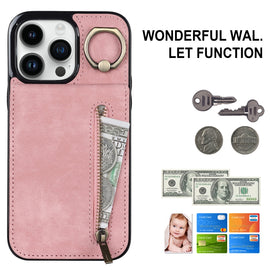 Retro Ring and Zipper RFID Card Slot Phone Case, For iPhone 14, For iPhone 14 Plus, For iPhone 14 Pro, For iPhone 14 Pro Max