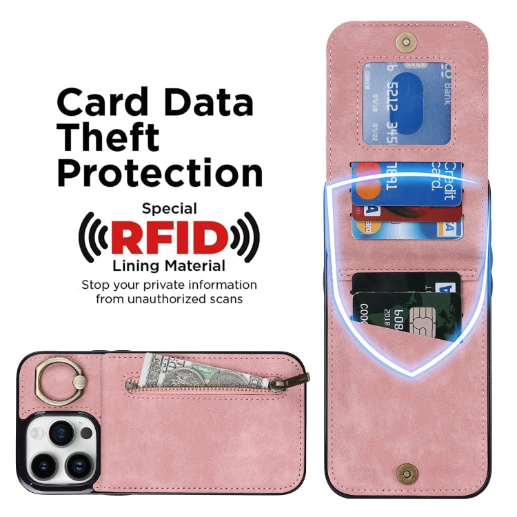 Retro Ring and Zipper RFID Card Slot Phone Case, For iPhone 14, For iPhone 14 Plus, For iPhone 14 Pro, For iPhone 14 Pro Max