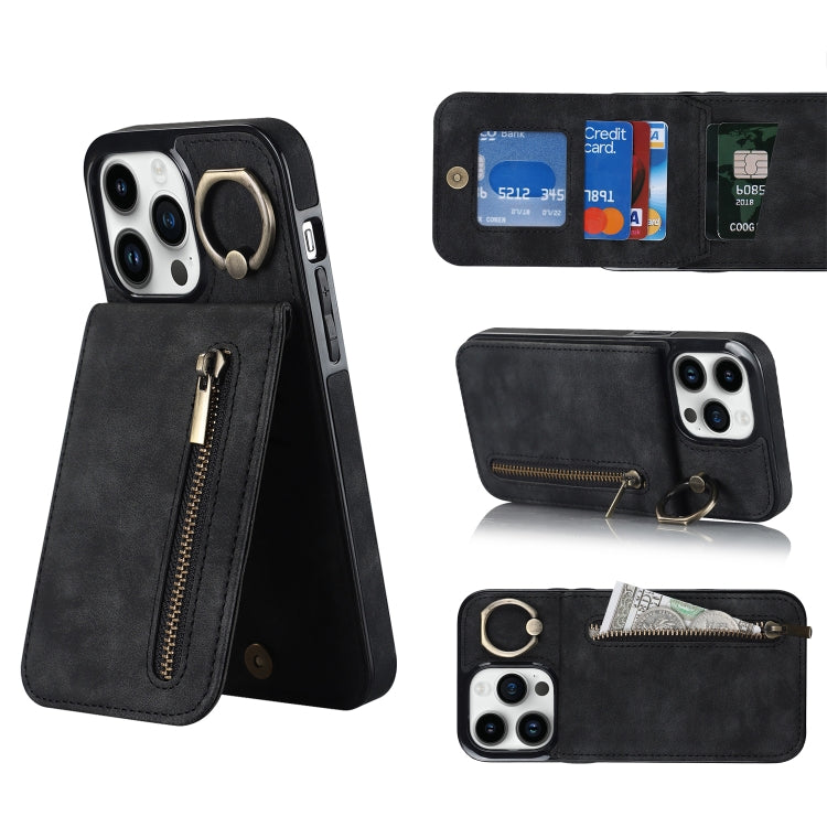 Retro Ring and Zipper RFID Card Slot Phone Case, For iPhone 14, For iPhone 14 Plus, For iPhone 14 Pro, For iPhone 14 Pro Max