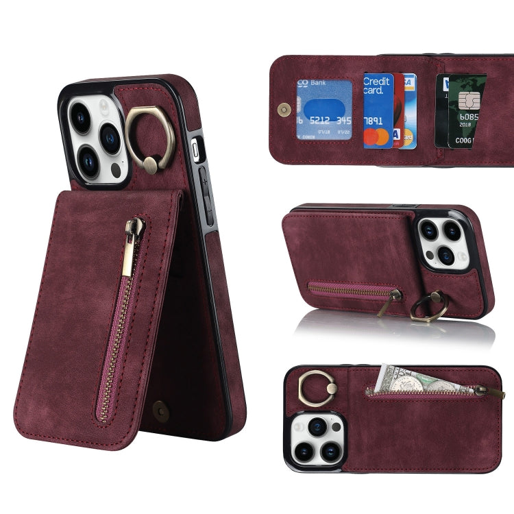 Retro Ring and Zipper RFID Card Slot Phone Case, For iPhone 14, For iPhone 14 Plus, For iPhone 14 Pro, For iPhone 14 Pro Max