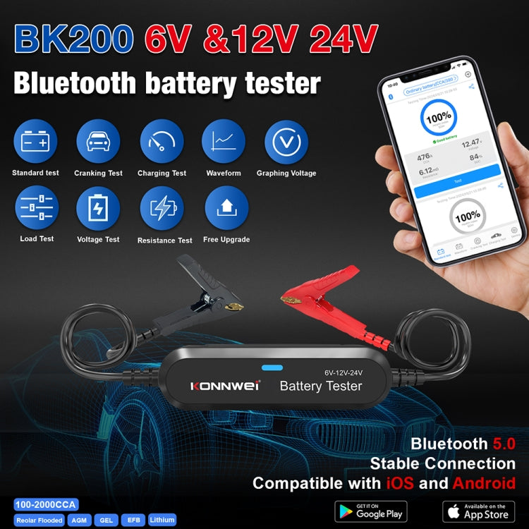 KONNWEI BK200 6V/12V/24V Car Bluetooth Battery Tester