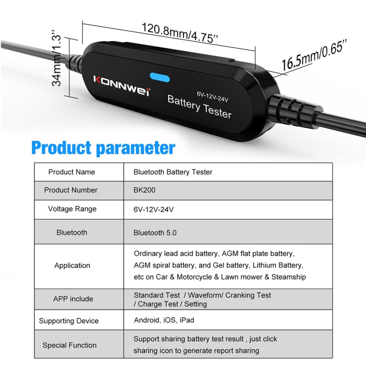 KONNWEI BK200 6V/12V/24V Car Bluetooth Battery Tester