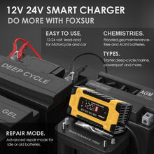 Load image into Gallery viewer, FOXSUR 12V / 24V / 10A Car / Motorcycle Battery Smart Repair Lead-acid Battery Charger, Yellow