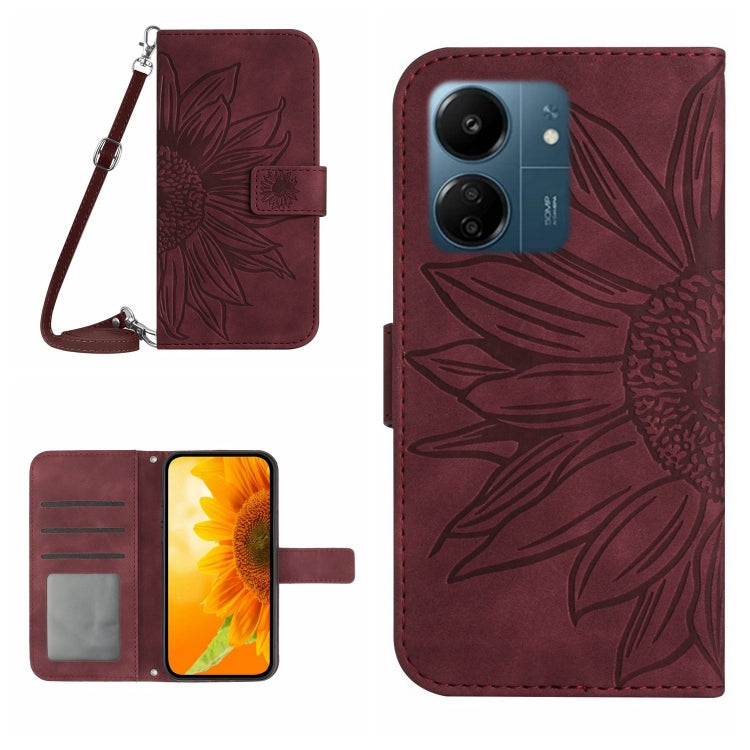 Skin Feel Sun Flower Embossed Flip Leather Phone Case with Lanyard, For Xiaomi 14 Ultra, For Xiaomi 14 Pro, For Xiaomi 14, For Xiaomi Redmi 13C 4G
