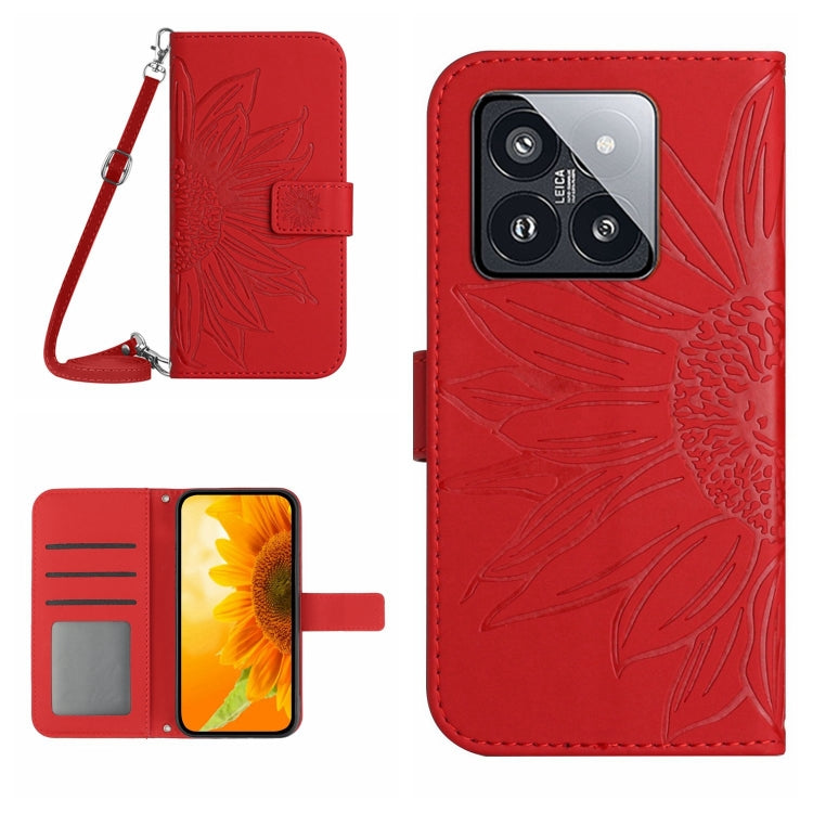 Skin Feel Sun Flower Embossed Flip Leather Phone Case with Lanyard, For Xiaomi 14 Ultra, For Xiaomi 14 Pro, For Xiaomi 14, For Xiaomi Redmi 13C 4G