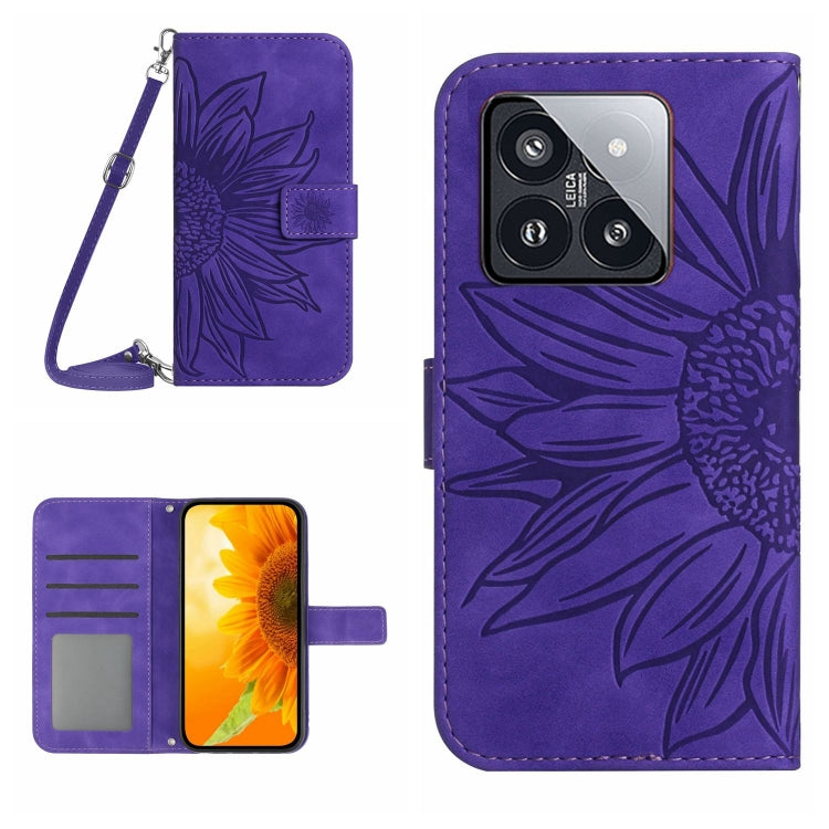 Skin Feel Sun Flower Embossed Flip Leather Phone Case with Lanyard, For Xiaomi 14 Ultra, For Xiaomi 14 Pro, For Xiaomi 14, For Xiaomi Redmi 13C 4G