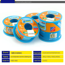 Load image into Gallery viewer, Mechanic HBD-366 100g Tin Solder Wire Lead-Free Solder Melt Rosin Core, 0.3mm, 0.4mm, 0.5mm, 0.6mm, 0.8mm