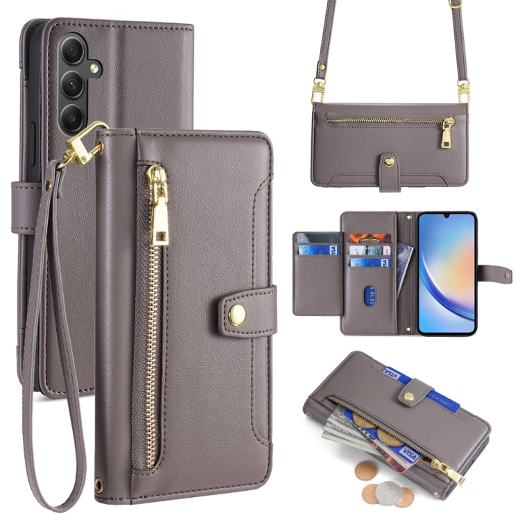 Sheep Texture Cross-body Zipper Wallet Leather Phone Case, For Samsung Galaxy M34 5G / F34 5G, For Samsung Galaxy S23 FE 5G, For Samsung Galaxy M54 5G, For Samsung Galaxy F14 5G, For Samsung Galaxy A34 5G, For Samsung Galaxy A54 5G                     ...