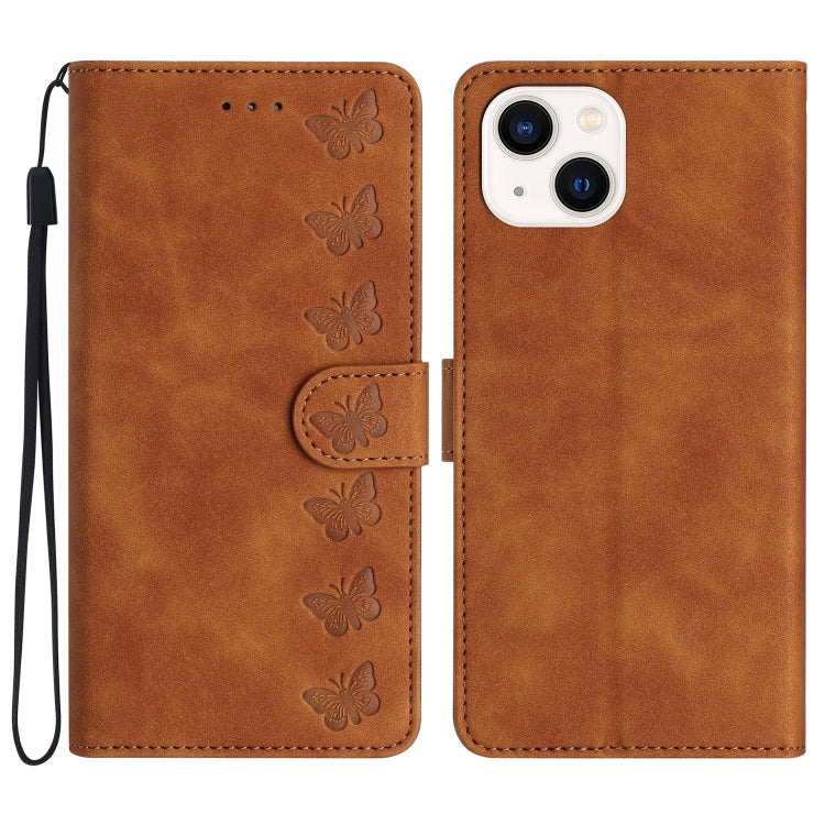 Seven Butterflies Embossed Leather Phone Case, For iPhone 16, For iPhone 15 Pro Max, For iPhone 15 Pro, For iPhone 15 Plus, For iPhone 15, For iPhone 14 Plus, For iPhone 14, For iPhone 14 Pro