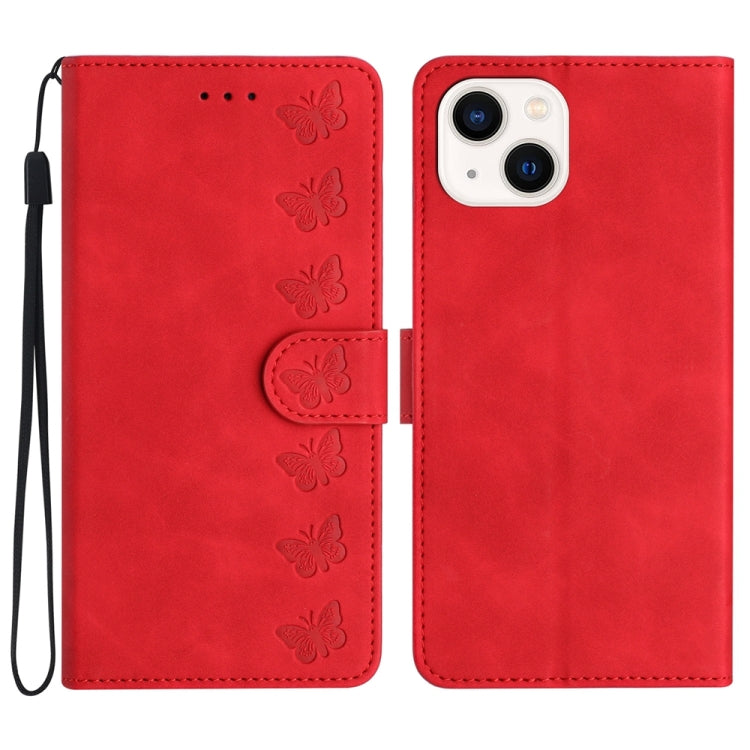 Seven Butterflies Embossed Leather Phone Case, For iPhone 16, For iPhone 15 Pro Max, For iPhone 15 Pro, For iPhone 15 Plus, For iPhone 15, For iPhone 14 Plus, For iPhone 14, For iPhone 14 Pro