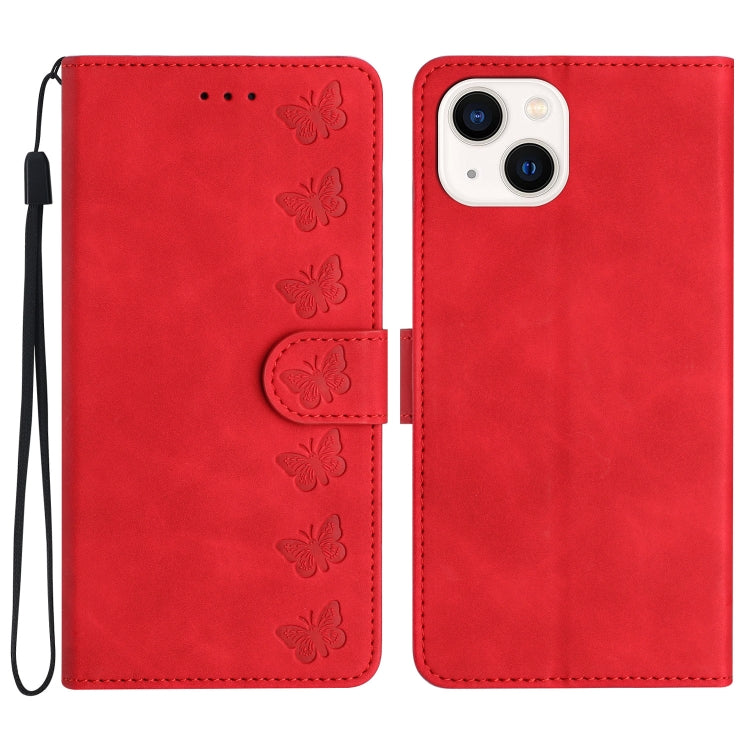Seven Butterflies Embossed Leather Phone Case, For iPhone 16, For iPhone 15 Pro Max, For iPhone 15 Pro, For iPhone 15 Plus, For iPhone 15, For iPhone 14 Plus, For iPhone 14, For iPhone 14 Pro