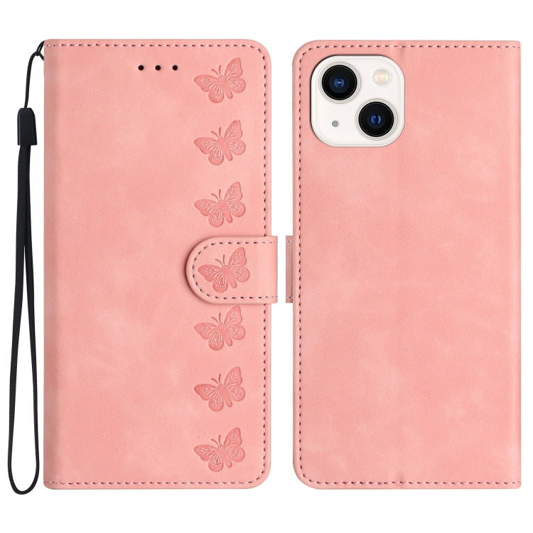 Seven Butterflies Embossed Leather Phone Case, For iPhone 16, For iPhone 15 Pro Max, For iPhone 15 Pro, For iPhone 15 Plus, For iPhone 15, For iPhone 14 Plus, For iPhone 14, For iPhone 14 Pro