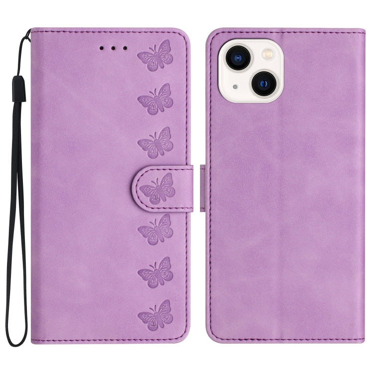 Seven Butterflies Embossed Leather Phone Case, For iPhone 16, For iPhone 15 Pro Max, For iPhone 15 Pro, For iPhone 15 Plus, For iPhone 15, For iPhone 14 Plus, For iPhone 14, For iPhone 14 Pro