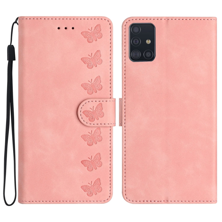 Seven Butterflies Embossed Leather Phone Case, For Samsung Galaxy A41, For Samsung Galaxy A42 5G, For Samsung Galaxy A50, For Samsung Galaxy A51, For Samsung Galaxy A52 5G, For Samsung Galaxy A53, For Samsung Galaxy A54, For Samsung Galaxy A70