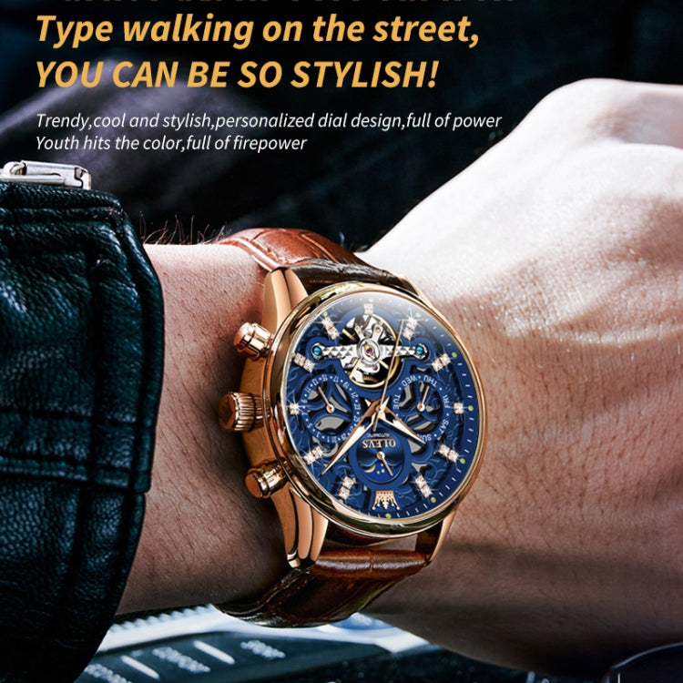 OLEVS 6658 Men Luminous Waterproof Leather Strap Mechanical Watch