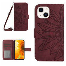 Load image into Gallery viewer, Skin Feel Sun Flower Embossed Flip Leather Phone Case with Lanyard, For iPhone 15