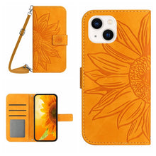 Load image into Gallery viewer, Skin Feel Sun Flower Embossed Flip Leather Phone Case with Lanyard, For iPhone 15