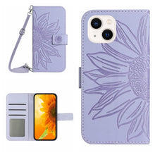 Load image into Gallery viewer, Skin Feel Sun Flower Embossed Flip Leather Phone Case with Lanyard, For iPhone 16, For iPhone 15 Pro Max, For iPhone 15 Pro, For iPhone 15 Plus