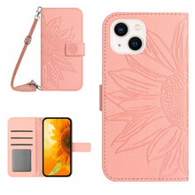 Load image into Gallery viewer, Skin Feel Sun Flower Embossed Flip Leather Phone Case with Lanyard, For iPhone 16, For iPhone 15 Pro Max, For iPhone 15 Pro, For iPhone 15 Plus
