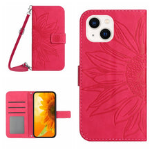 Load image into Gallery viewer, Skin Feel Sun Flower Embossed Flip Leather Phone Case with Lanyard, For iPhone 16, For iPhone 15 Pro Max, For iPhone 15 Pro, For iPhone 15 Plus