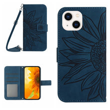 Load image into Gallery viewer, Skin Feel Sun Flower Embossed Flip Leather Phone Case with Lanyard, For iPhone 16, For iPhone 15 Pro Max, For iPhone 15 Pro, For iPhone 15 Plus