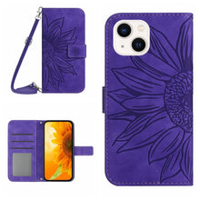 Load image into Gallery viewer, Skin Feel Sun Flower Embossed Flip Leather Phone Case with Lanyard, For iPhone 16, For iPhone 15 Pro Max, For iPhone 15 Pro, For iPhone 15 Plus