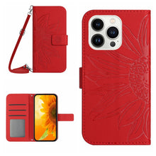 Load image into Gallery viewer, Skin Feel Sun Flower Embossed Flip Leather Phone Case with Lanyard, For iPhone 16, For iPhone 15 Pro Max, For iPhone 15 Pro, For iPhone 15 Plus