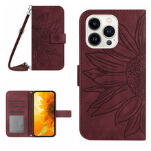 Load image into Gallery viewer, Skin Feel Sun Flower Embossed Flip Leather Phone Case with Lanyard, For iPhone 16, For iPhone 15 Pro Max, For iPhone 15 Pro, For iPhone 15 Plus