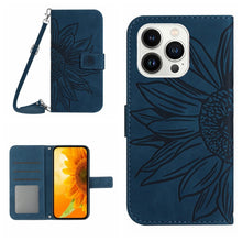 Load image into Gallery viewer, Skin Feel Sun Flower Embossed Flip Leather Phone Case with Lanyard, For iPhone 16, For iPhone 15 Pro Max, For iPhone 15 Pro, For iPhone 15 Plus