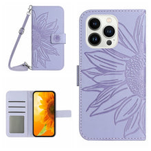 Load image into Gallery viewer, Skin Feel Sun Flower Embossed Flip Leather Phone Case with Lanyard, For iPhone 16, For iPhone 15 Pro Max, For iPhone 15 Pro, For iPhone 15 Plus