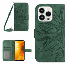 Load image into Gallery viewer, Skin Feel Sun Flower Embossed Flip Leather Phone Case with Lanyard, For iPhone 16, For iPhone 15 Pro Max, For iPhone 15 Pro, For iPhone 15 Plus