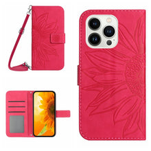 Load image into Gallery viewer, Skin Feel Sun Flower Embossed Flip Leather Phone Case with Lanyard, For iPhone 16, For iPhone 15 Pro Max, For iPhone 15 Pro, For iPhone 15 Plus