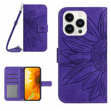Load image into Gallery viewer, Skin Feel Sun Flower Embossed Flip Leather Phone Case with Lanyard, For iPhone 16, For iPhone 15 Pro Max, For iPhone 15 Pro, For iPhone 15 Plus