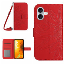 Load image into Gallery viewer, Skin Feel Sun Flower Embossed Flip Leather Phone Case with Lanyard, For iPhone 16, For iPhone 15 Pro Max, For iPhone 15 Pro, For iPhone 15 Plus