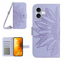 Load image into Gallery viewer, Skin Feel Sun Flower Embossed Flip Leather Phone Case with Lanyard, For iPhone 16, For iPhone 15 Pro Max, For iPhone 15 Pro, For iPhone 15 Plus