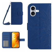 Load image into Gallery viewer, Skin Feel Sun Flower Embossed Flip Leather Phone Case with Lanyard, For iPhone 16, For iPhone 15 Pro Max, For iPhone 15 Pro, For iPhone 15 Plus