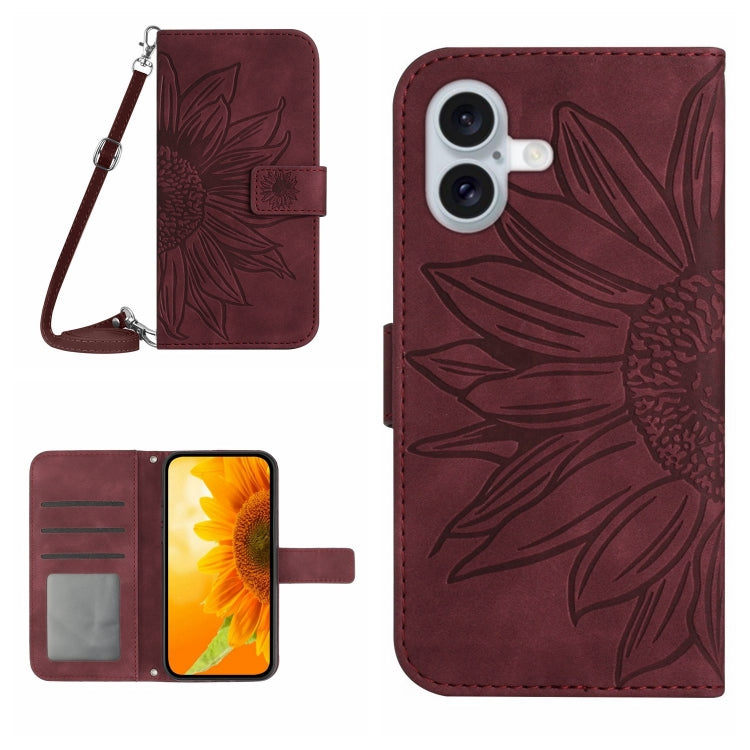 Skin Feel Sun Flower Embossed Flip Leather Phone Case with Lanyard, For iPhone 16, For iPhone 15 Pro Max, For iPhone 15 Pro, For iPhone 15 Plus