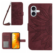 Load image into Gallery viewer, Skin Feel Sun Flower Embossed Flip Leather Phone Case with Lanyard, For iPhone 16, For iPhone 15 Pro Max, For iPhone 15 Pro, For iPhone 15 Plus