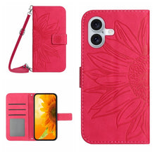 Load image into Gallery viewer, Skin Feel Sun Flower Embossed Flip Leather Phone Case with Lanyard, For iPhone 16, For iPhone 15 Pro Max, For iPhone 15 Pro, For iPhone 15 Plus
