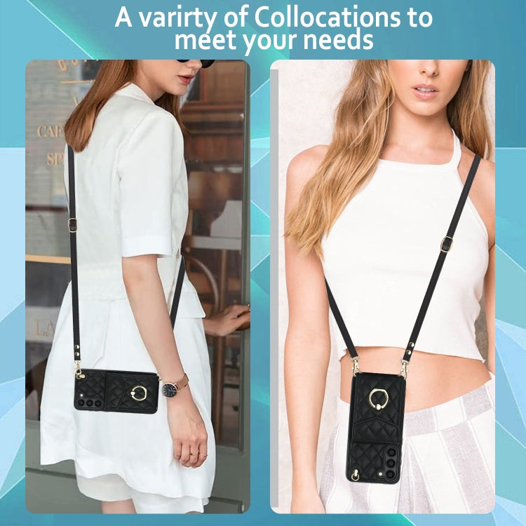 Rhombic Texture Card Bag Phone Case with Long Lanyard