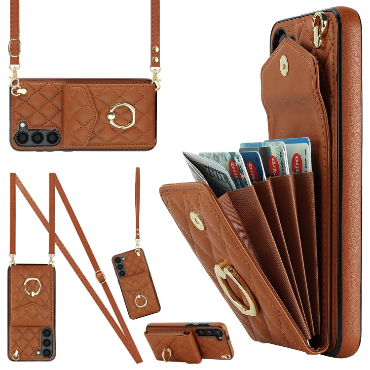 Rhombic Texture Card Bag Phone Case with Long Lanyard