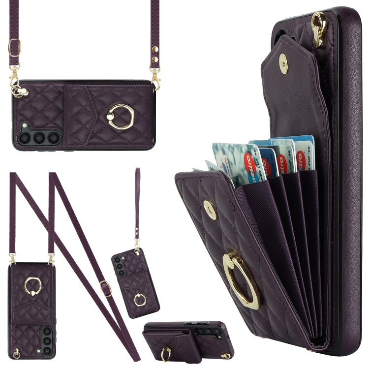 Rhombic Texture Card Bag Phone Case with Long Lanyard
