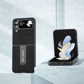 Cross Texture Genuine Leather Phone Case with Holder