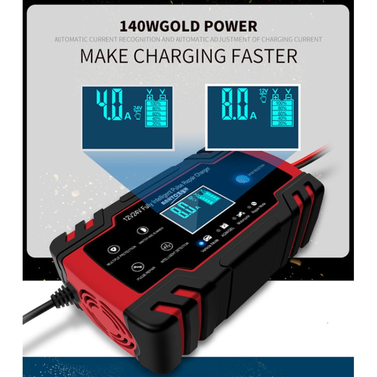 ANHTCzyx 12V 8A  / 24V 4A Automobile Battery Charger Motorcycle Battery Repair Type AGM, US Plug (Red), EU Plug (Red), UK Plug (Red), AU Plug (Red)