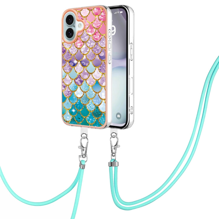 Electroplating Pattern IMD TPU Shockproof Case with Neck Lanyard, For iPhone 16 Pro Max, For iPhone 16 Pro, For iPhone 16 Plus, For iPhone 16, For iPhone 15 Pro Max, For iPhone 15 Pro, For iPhone 15 Plus, For iPhone 15